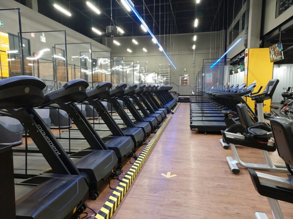 Row of treadmills and exercise machines in a well-lit modern gym setting.